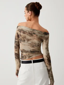 Terracotta Tulle Mesh Off Shoulder Long Sleeve Crop Top