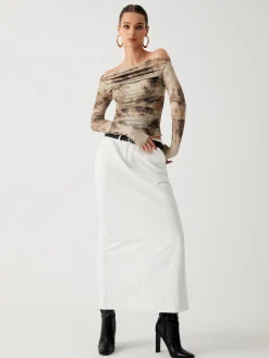 Terracotta Tulle Mesh Off Shoulder Long Sleeve Crop Top