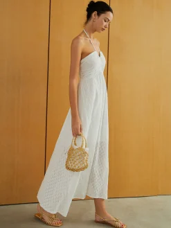 Textured Shirred Halter Knotted Vacation Long Dress