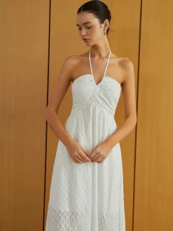 Textured Shirred Halter Knotted Vacation Long Dress