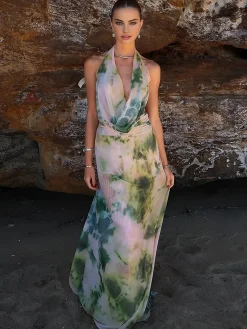 Tie Dye Print Halter Backless Skirt Set