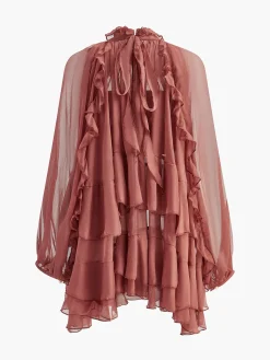 Tie Neck Semi-Sheer Ruffle Chiffon Dress