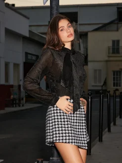 Tie Neck Semi-Sheer Velvet Shirt