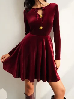 Tie Neck Velvet Pleated Dress