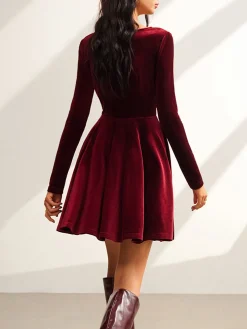Tie Neck Velvet Pleated Dress