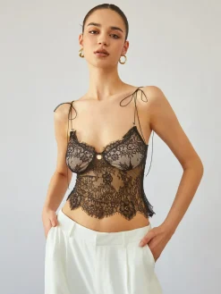 Tie Shoulder Floral Lace Crop Top