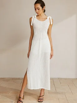 Tie Shoulder Slit Ribbed Long Dress