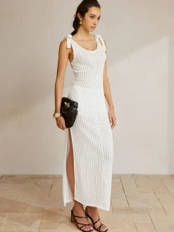 Tie Shoulder Slit Ribbed Long Dress