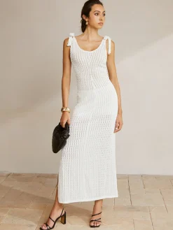 Tie Shoulder Slit Ribbed Long Dress