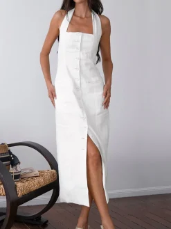 Tied Halter Open Back Cotton Linen Midi Dress