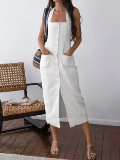 Tied Halter Open Back Cotton Linen Midi Dress