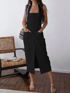 Tied Halter Open Back Cotton Linen Midi Dress