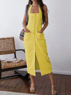Tied Halter Open Back Cotton Linen Midi Dress