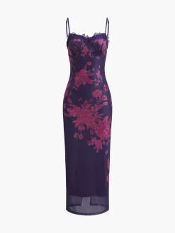 Tied Lace Trim Floral Mesh Long Dress