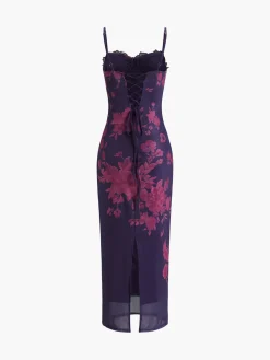 Tied Lace Trim Floral Mesh Long Dress
