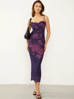 Tied Lace Trim Floral Mesh Long Dress