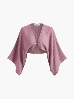 Tie-Front Long Sleeve Cropped Blouse