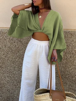 Tie-Front Long Sleeve Cropped Blouse
