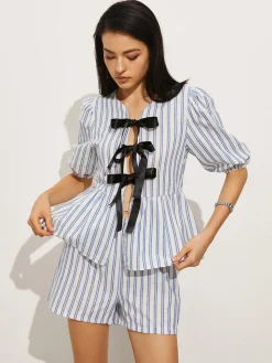 Tie-Front Stripe Shorts Set