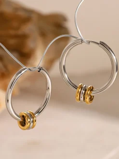 Tow Tone Beading Silver Hoop Earrings