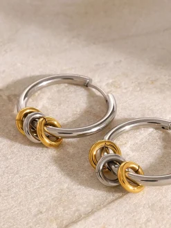 Tow Tone Beading Silver Hoop Earrings