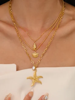 Triple Layers Pearl Starfish Necklace