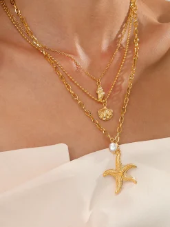 Triple Layers Pearl Starfish Necklace