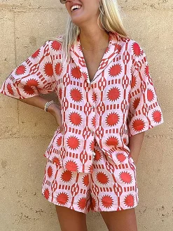 Tropical Print Drawstring Shorts Set
