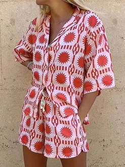 Tropical Print Drawstring Shorts Set