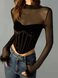 Tulle Panel Velvet Crop Blouse