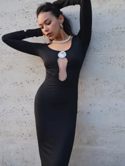 Tulle-Detail Metal Jersey Dress