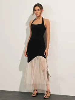 Tulle-Hem Slim Halter Long Dress