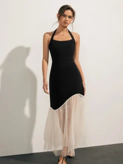 Tulle-Hem Slim Halter Long Dress