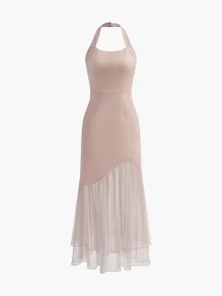 Tulle-Hem Slim Halter Long Dress