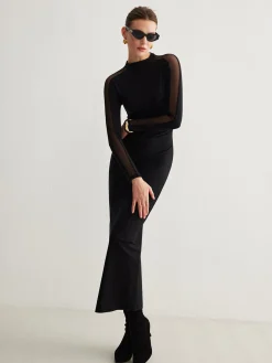 Tulle-Sleeve Plain Slim Dress