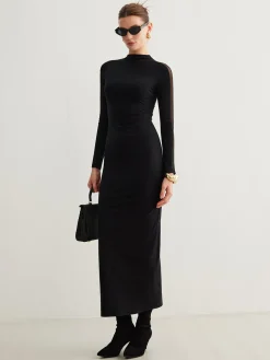 Tulle-Sleeve Plain Slim Dress