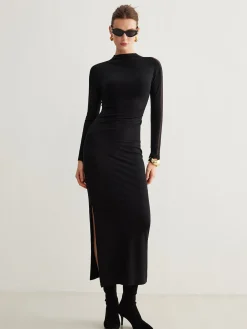 Tulle-Sleeve Plain Slim Dress