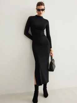 Tulle-Sleeve Plain Slim Dress
