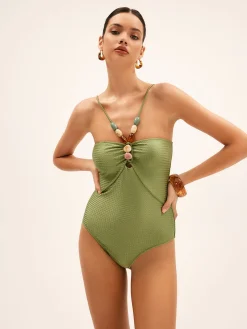 Tummy Control Texture Beaded One Piece Swimsuit