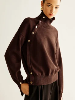 Turtleneck Asymmetrical Button Sweater