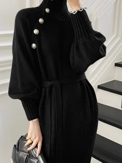 Turtleneck Button Belted Sweater Dress