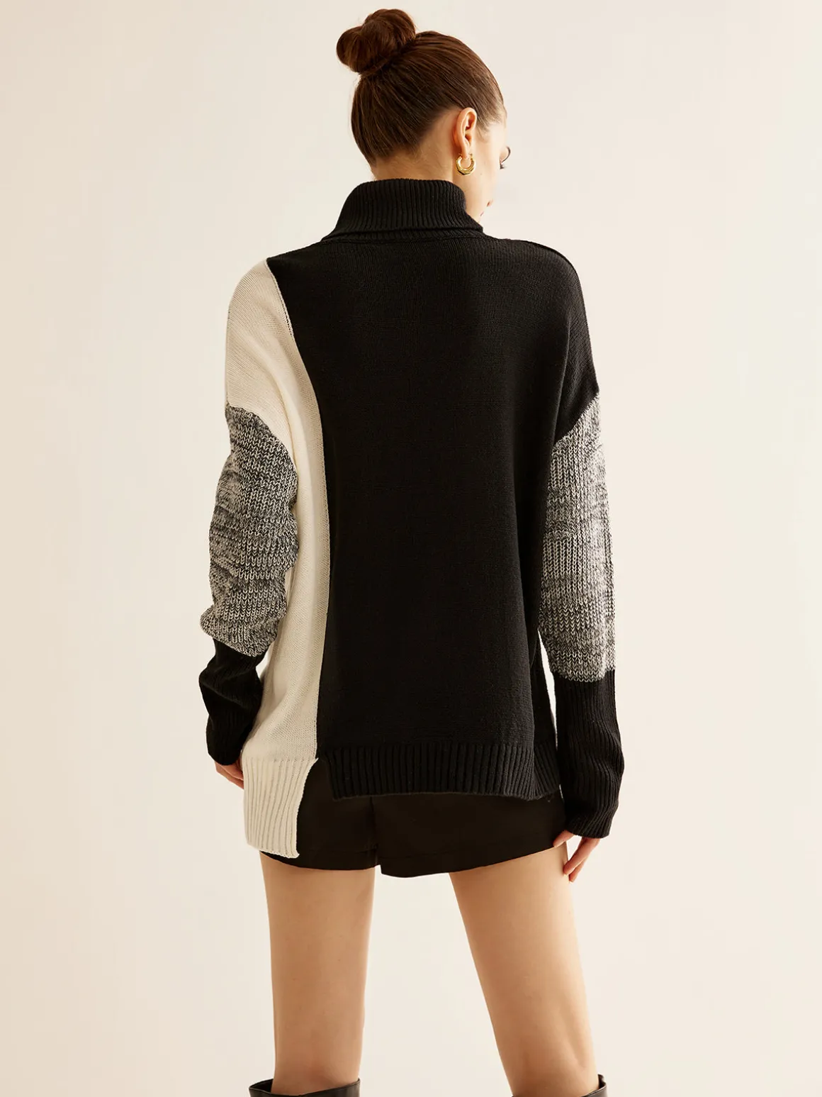 Turtleneck Color Block Knit Top