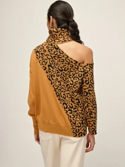 Turtleneck Cutout Leopard Patchwork Knit Top