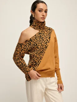 Turtleneck Cutout Leopard Patchwork Knit Top