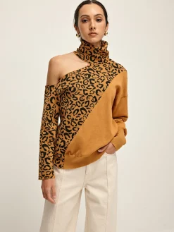 Turtleneck Cutout Leopard Patchwork Knit Top
