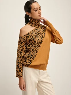 Turtleneck Cutout Leopard Patchwork Knit Top