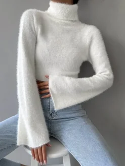 Turtleneck Fuzzy Crop Blouse