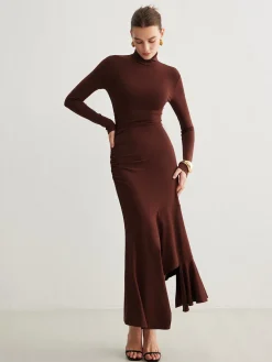 Turtleneck Irregular Pleated Long Dress