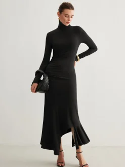 Turtleneck Irregular Pleated Long Dress