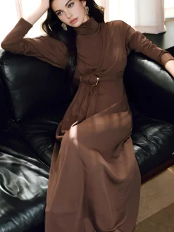 Turtleneck Knotted Pleated Long Dress